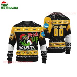 Custom Name And Number Alabama State Hornets Grinch Drink Up Ugly Christmas Sweater 1