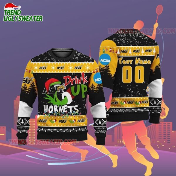 Custom Name And Number Alabama State Hornets Grinch Drink Up Ugly Christmas Sweater 2
