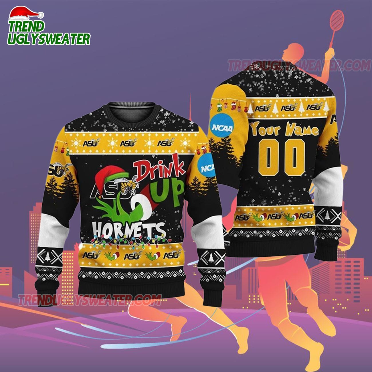 Custom Name And Number Alabama State Hornets Grinch Drink Up Ugly Christmas Sweater Custom Name And Number Alabama State Hornets Grinch Drink Up Ugly Christmas Sweater