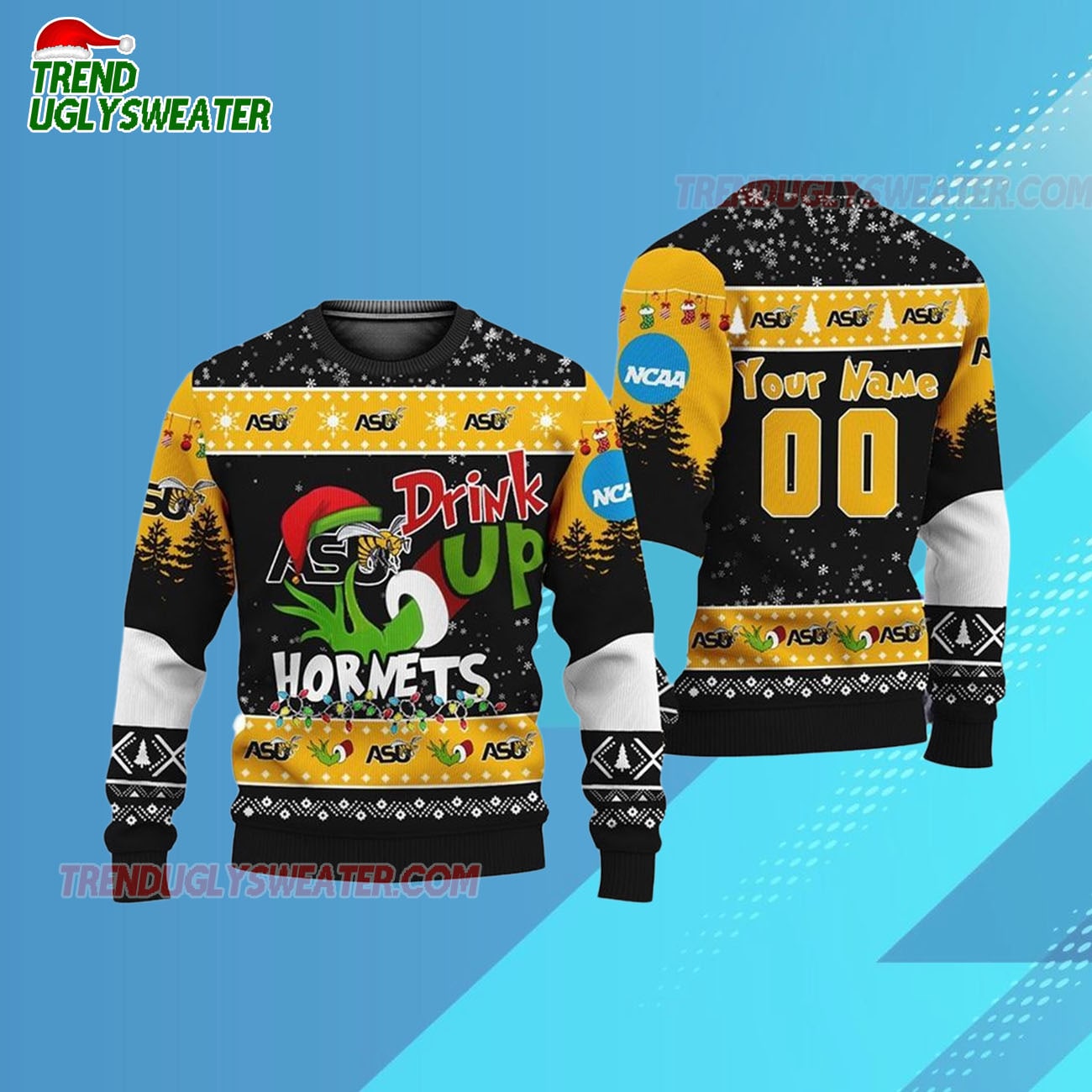 Custom Name And Number Alabama State Hornets Grinch Drink Up Ugly Christmas Sweater Custom Name And Number Alabama State Hornets Grinch Drink Up Ugly Christmas Sweater