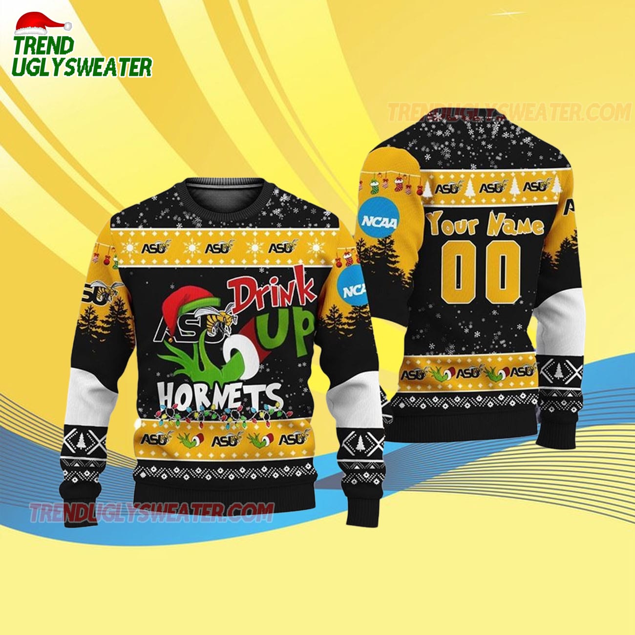Custom Name And Number Alabama State Hornets Grinch Drink Up Ugly Christmas Sweater Custom Name And Number Alabama State Hornets Grinch Drink Up Ugly Christmas Sweater