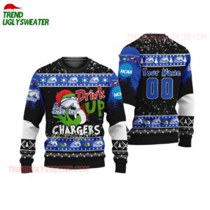 Custom Name And Number Alabama huntsville Chargers Grinch Drink Up Ugly Christmas Sweater 1