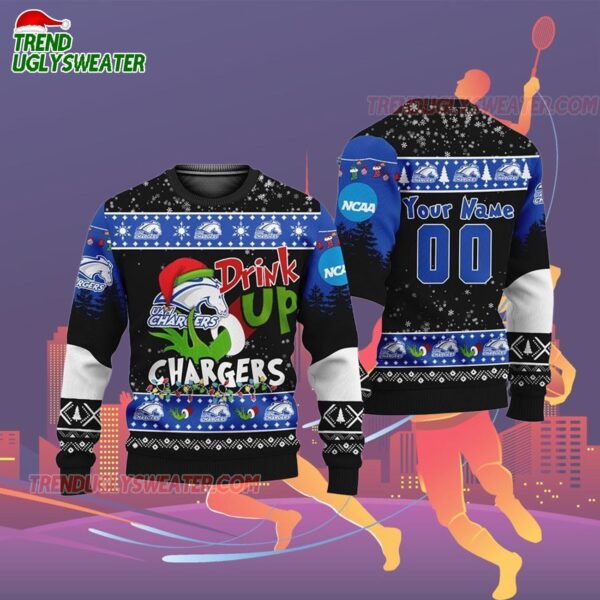 Custom Name And Number Alabama huntsville Chargers Grinch Drink Up Ugly Christmas Sweater 2