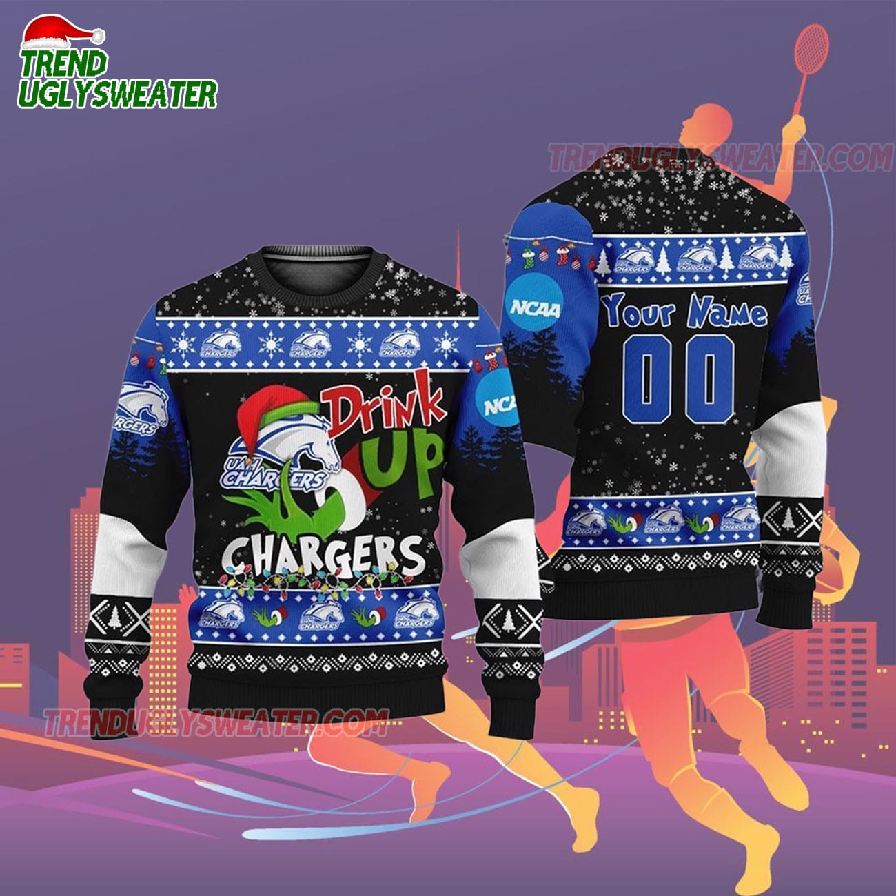Custom Name And Number Alabama-huntsville Chargers Grinch Drink Up Ugly Christmas Sweater Custom Name And Number Alabama-huntsville Chargers Grinch Drink Up Ugly Christmas Sweater