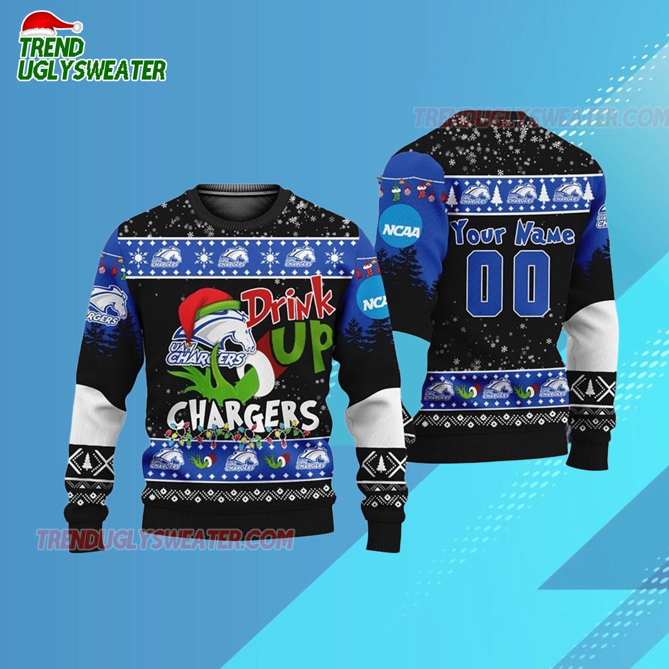 Custom Name And Number Alabama-huntsville Chargers Grinch Drink Up Ugly Christmas Sweater Custom Name And Number Alabama-huntsville Chargers Grinch Drink Up Ugly Christmas Sweater