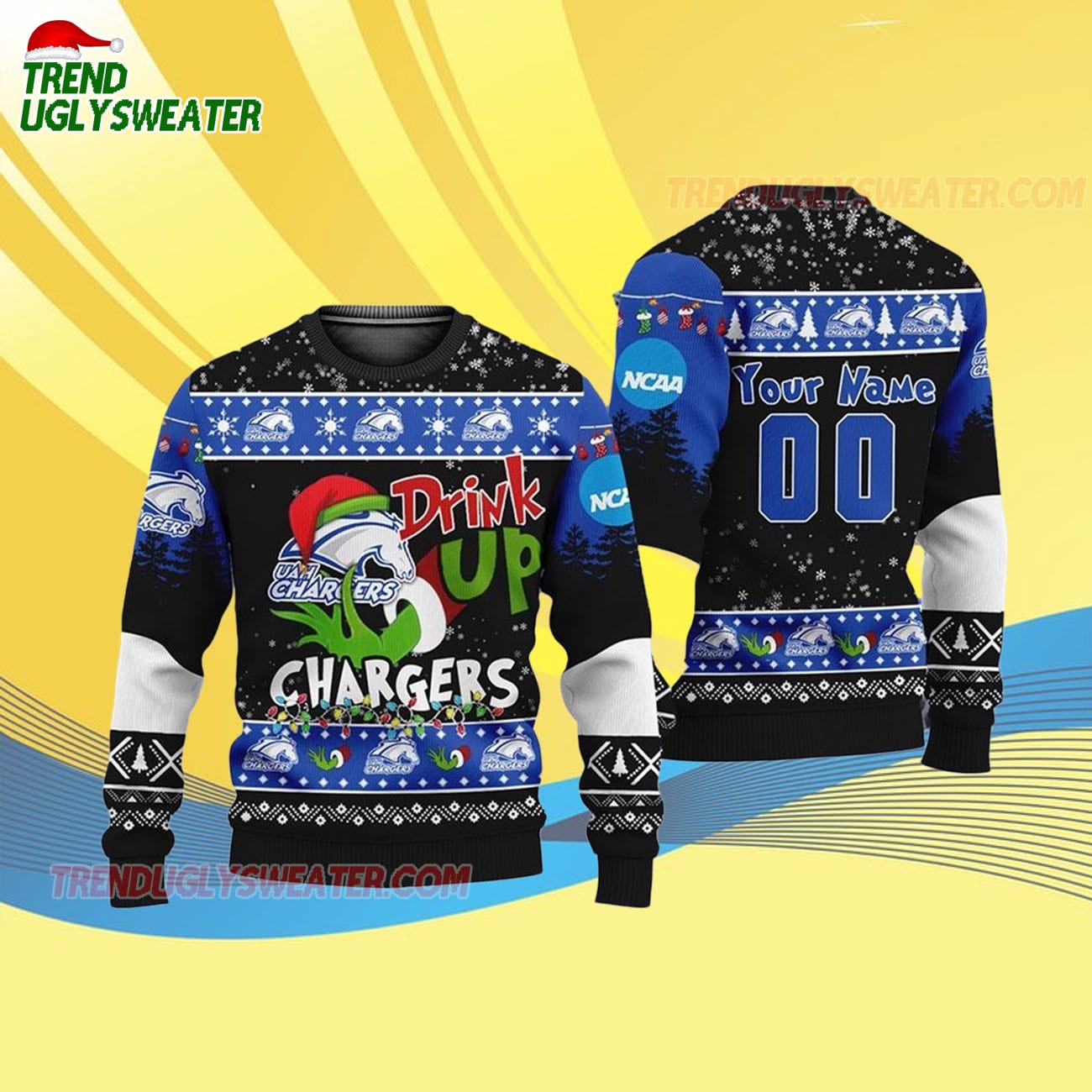 Custom Name And Number Alabama-huntsville Chargers Grinch Drink Up Ugly Christmas Sweater Custom Name And Number Alabama-huntsville Chargers Grinch Drink Up Ugly Christmas Sweater