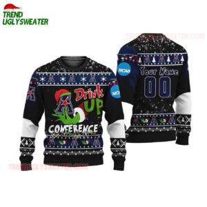 Custom Name And Number American Athletic Conference Grinch Drink Up Ugly Christmas Sweater 1