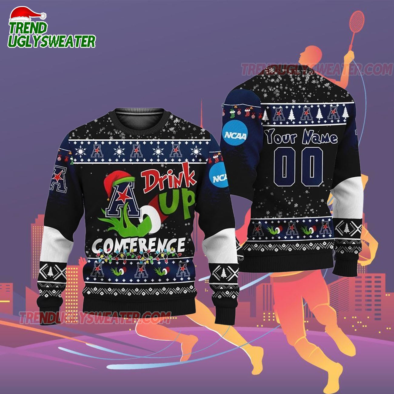 Custom Name And Number American Athletic Conference Grinch Drink Up Ugly Christmas Sweater Custom Name And Number American Athletic Conference Grinch Drink Up Ugly Christmas Sweater