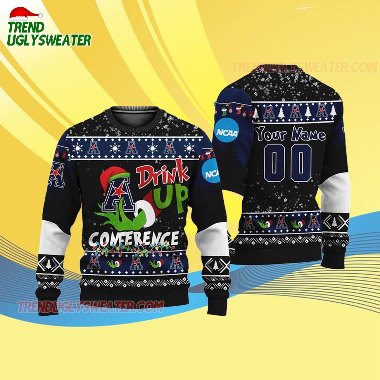Custom Name And Number American Athletic Conference Grinch Drink Up Ugly Christmas Sweater Custom Name And Number American Athletic Conference Grinch Drink Up Ugly Christmas Sweater
