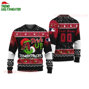 Custom Name And Number Arizona Diamondbacks Grinch Drink Up Christmas Ugly Sweater 1