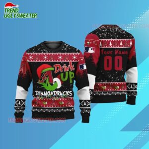 Custom Name And Number Arizona Diamondbacks Grinch Drink Up Christmas Ugly Sweater 3