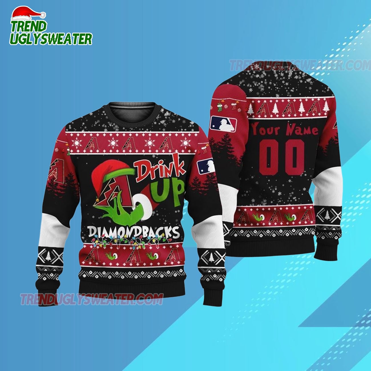 Custom Name And Number Arizona Diamondbacks Grinch Drink Up Christmas Ugly Sweater Custom Name And Number Arizona Diamondbacks Grinch Drink Up Christmas Ugly Sweater