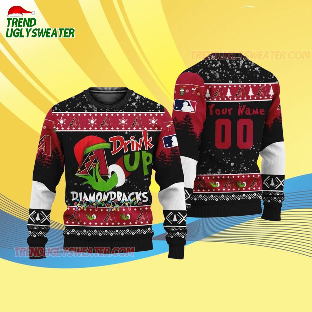 Custom Name And Number Arizona Diamondbacks Grinch Drink Up Christmas Ugly Sweater Custom Name And Number Arizona Diamondbacks Grinch Drink Up Christmas Ugly Sweater