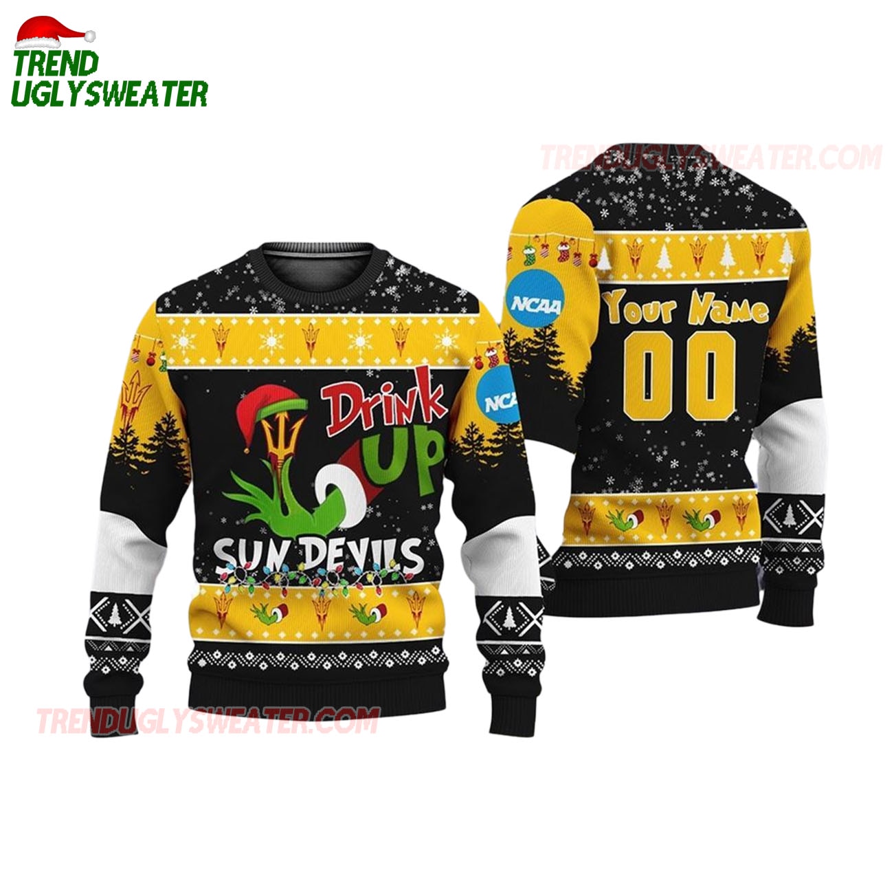 Custom Name And Number Arizona State Sun Devils Grinch Drink Up Ugly Christmas Sweater Custom Name And Number Arizona State Sun Devils Grinch Drink Up Ugly Christmas Sweater