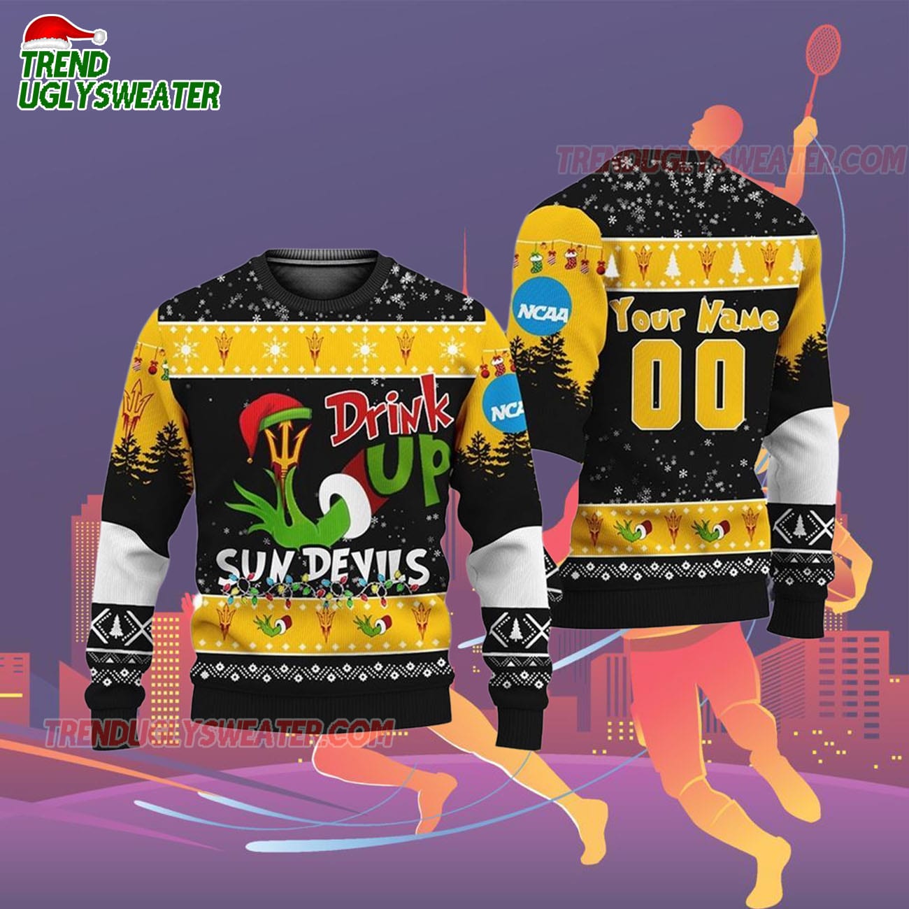 Custom Name And Number Arizona State Sun Devils Grinch Drink Up Ugly Christmas Sweater Custom Name And Number Arizona State Sun Devils Grinch Drink Up Ugly Christmas Sweater