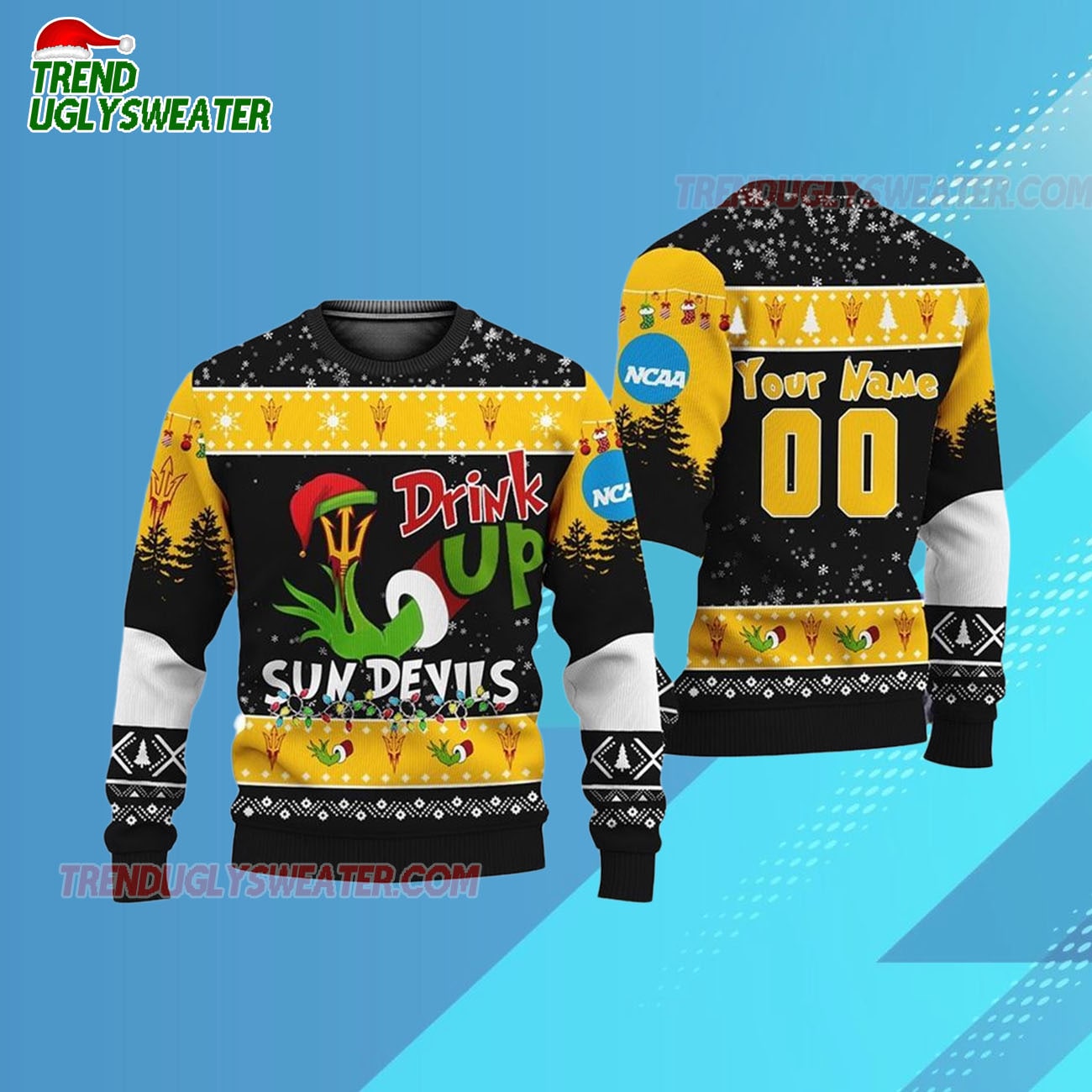 Custom Name And Number Arizona State Sun Devils Grinch Drink Up Ugly Christmas Sweater Custom Name And Number Arizona State Sun Devils Grinch Drink Up Ugly Christmas Sweater