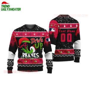 Custom Name And Number Atlanta Braves Grinch Drink Up Christmas Ugly Sweater 1