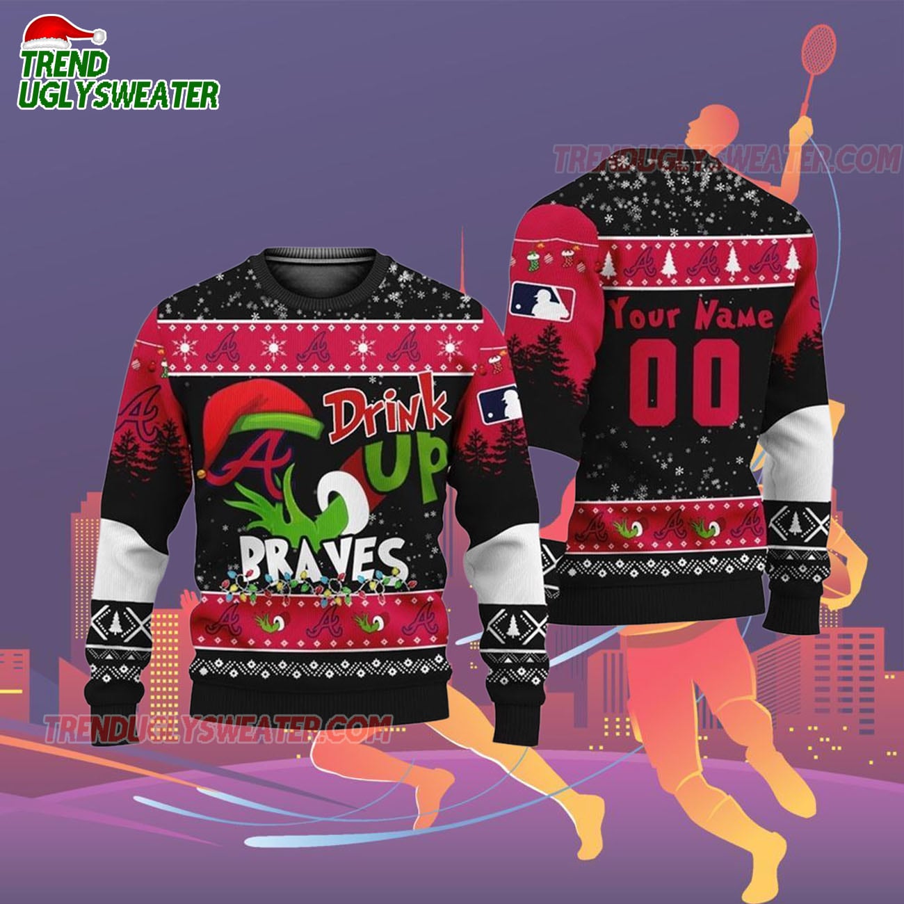 Custom Name And Number Atlanta Braves Grinch Drink Up Christmas Ugly Sweater Custom Name And Number Atlanta Braves Grinch Drink Up Christmas Ugly Sweater