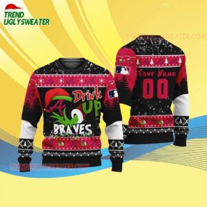 Custom Name And Number Atlanta Braves Grinch Drink Up Christmas Ugly Sweater 4