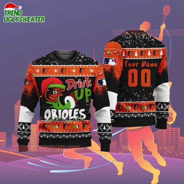 Custom Name And Number Baltimore Orioles Grinch Drink Up Christmas Ugly Sweater 2