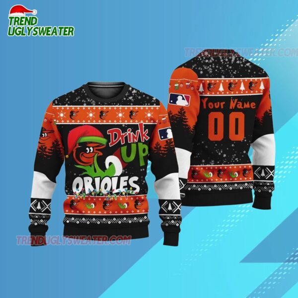 Custom Name And Number Baltimore Orioles Grinch Drink Up Christmas Ugly Sweater 3