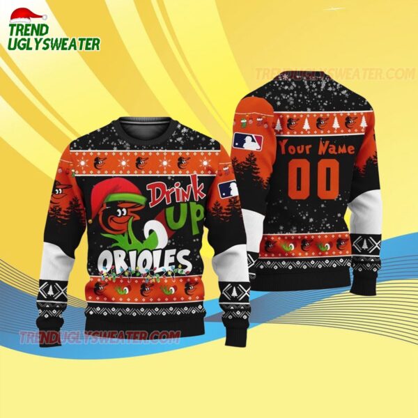 Custom Name And Number Baltimore Orioles Grinch Drink Up Christmas Ugly Sweater 4