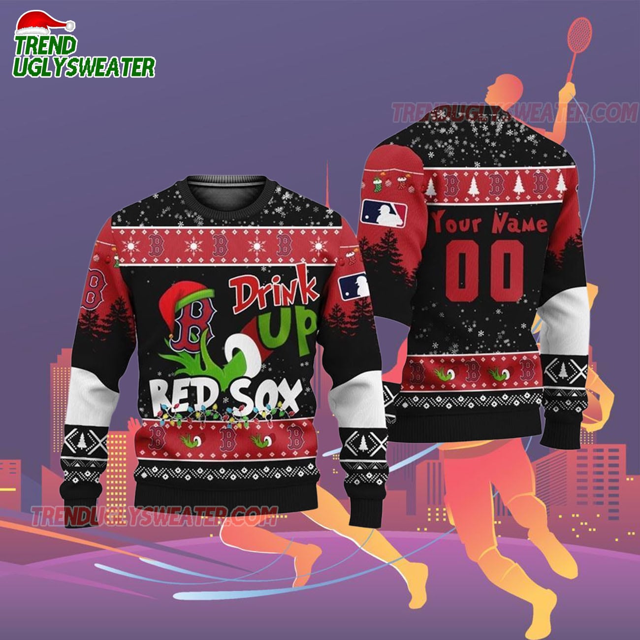 Custom Name And Number Boston Red Sox Grinch Drink Up Christmas Ugly Sweater Custom Name And Number Boston Red Sox Grinch Drink Up Christmas Ugly Sweater