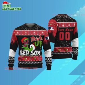Custom Name And Number Boston Red Sox Grinch Drink Up Christmas Ugly Sweater 2 Custom Name And Number Boston Red Sox Grinch Drink Up Christmas Ugly Sweater 3