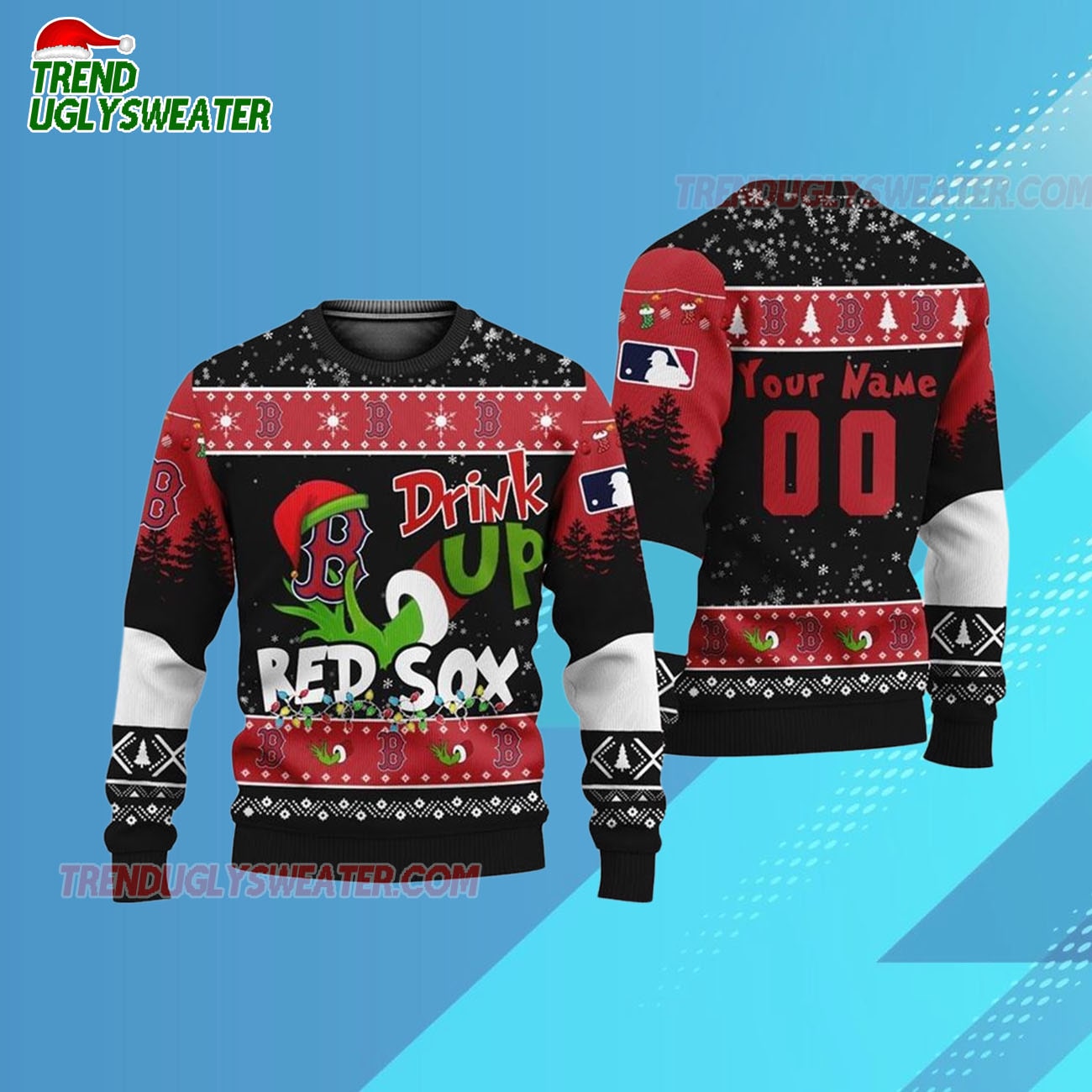 Custom Name And Number Boston Red Sox Grinch Drink Up Christmas Ugly Sweater Custom Name And Number Boston Red Sox Grinch Drink Up Christmas Ugly Sweater