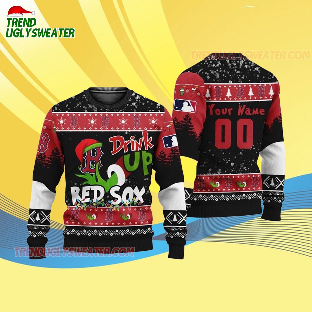 Custom Name And Number Boston Red Sox Grinch Drink Up Christmas Ugly Sweater Custom Name And Number Boston Red Sox Grinch Drink Up Christmas Ugly Sweater