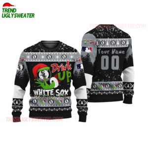 Custom Name And Number Chicago White Sox Grinch Drink Up Christmas Ugly Sweater 1