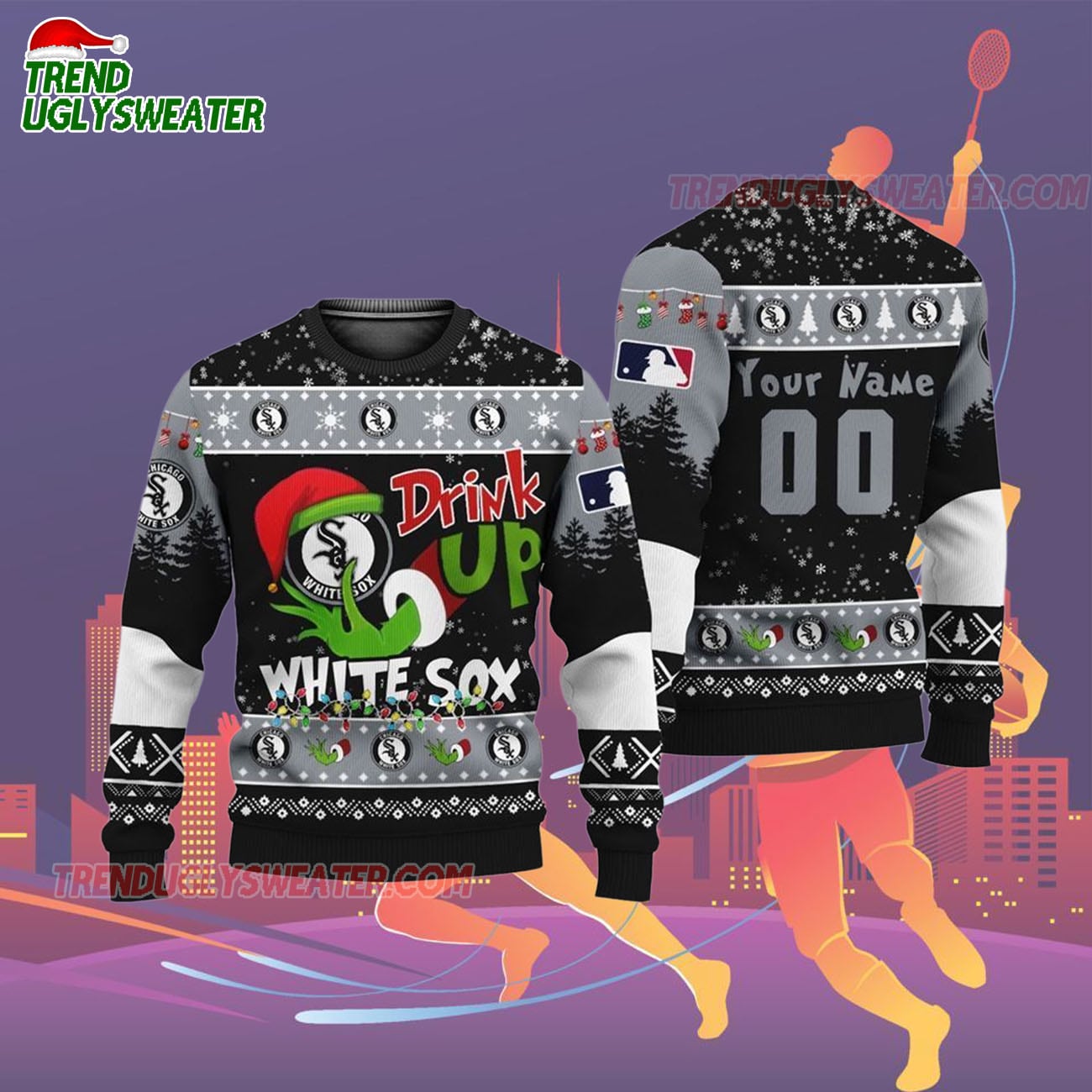 Custom Name And Number Chicago White Sox Grinch Drink Up Christmas Ugly Sweater Custom Name And Number Chicago White Sox Grinch Drink Up Christmas Ugly Sweater