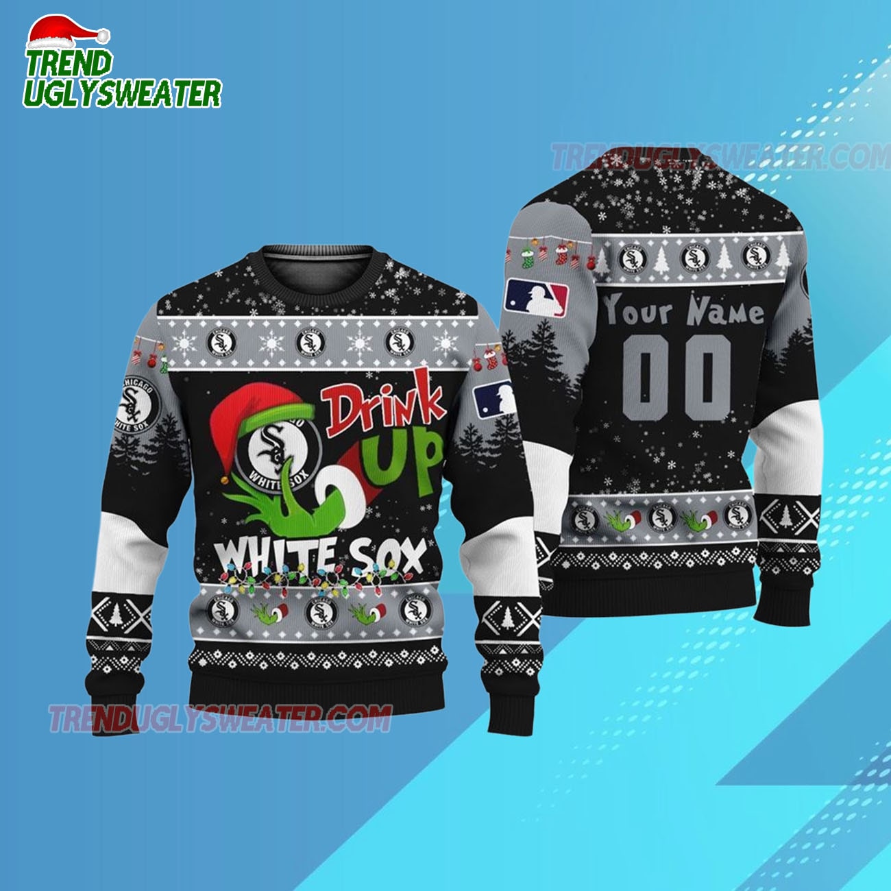 Custom Name And Number Chicago White Sox Grinch Drink Up Christmas Ugly Sweater Custom Name And Number Chicago White Sox Grinch Drink Up Christmas Ugly Sweater