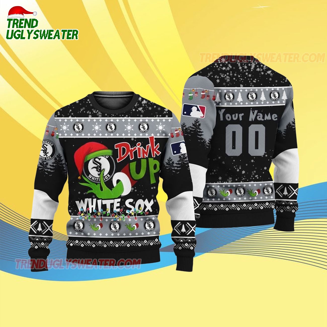 Custom Name And Number Chicago White Sox Grinch Drink Up Christmas Ugly Sweater Custom Name And Number Chicago White Sox Grinch Drink Up Christmas Ugly Sweater