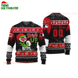 Custom Name And Number Cincinnati Reds Grinch Drink Up Christmas Ugly Sweater 1