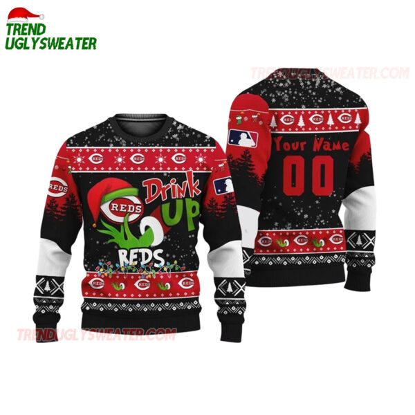Custom Name And Number Cincinnati Reds Grinch Drink Up Christmas Ugly Sweater 1