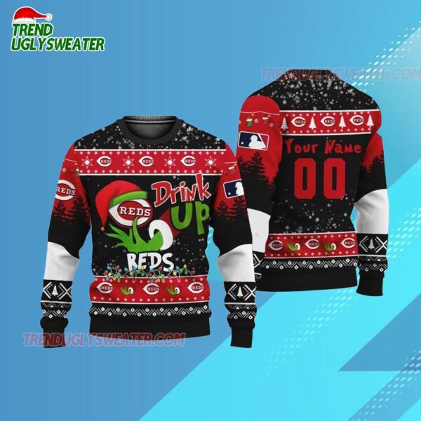 Custom Name And Number Cincinnati Reds Grinch Drink Up Christmas Ugly Sweater 3