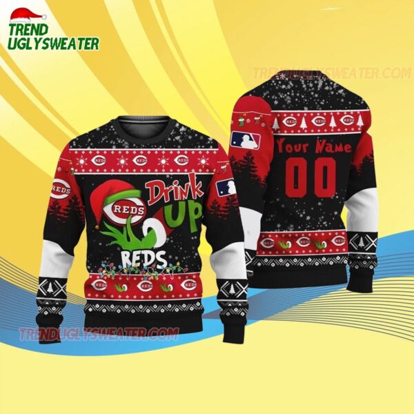 Custom Name And Number Cincinnati Reds Grinch Drink Up Christmas Ugly Sweater 4
