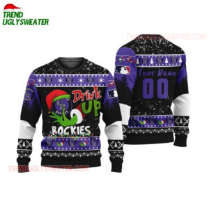 Custom Name And Number Colorado Rockies Grinch Drink Up Christmas Ugly Sweater 1