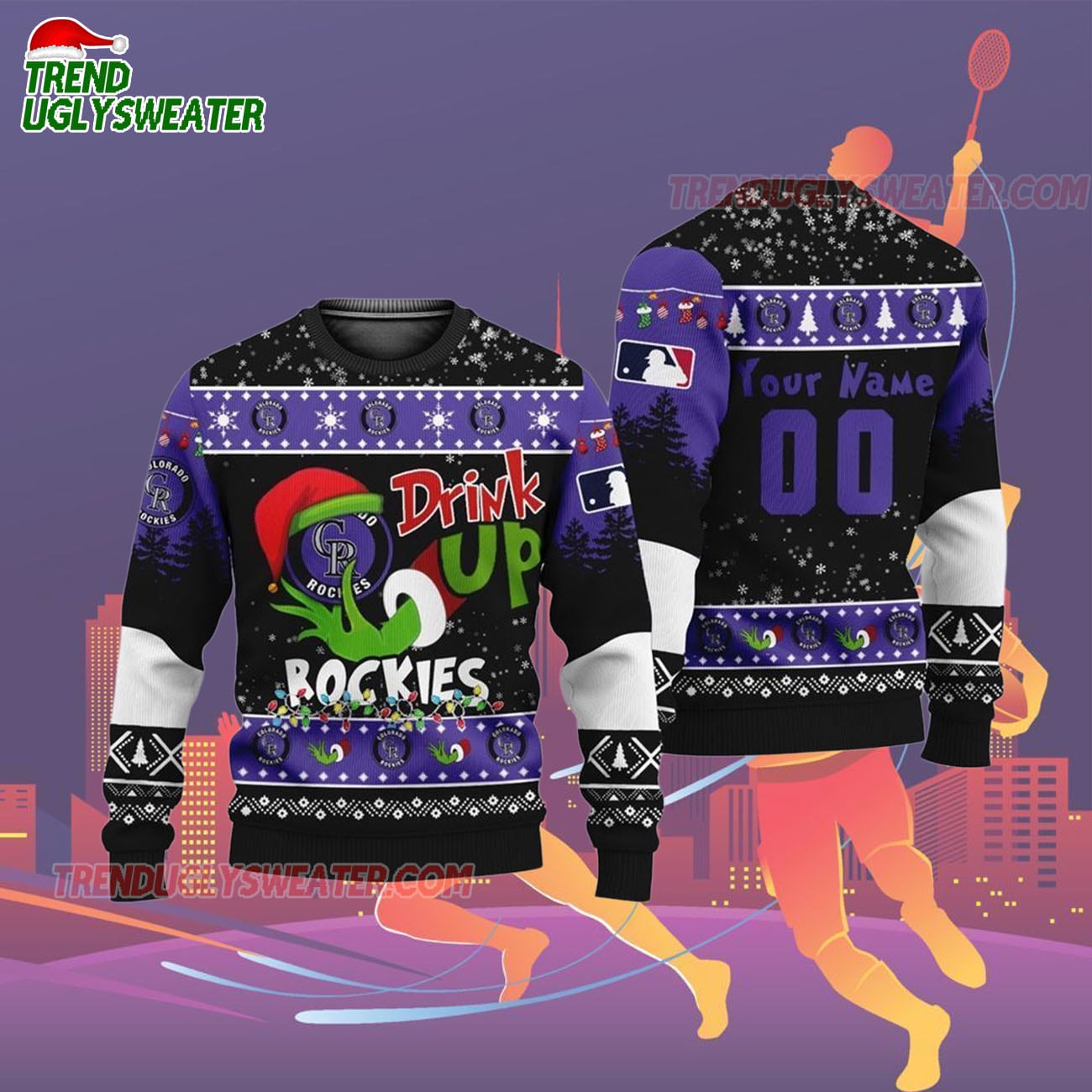 Custom Name And Number Colorado Rockies Grinch Drink Up Christmas Ugly Sweater Custom Name And Number Colorado Rockies Grinch Drink Up Christmas Ugly Sweater