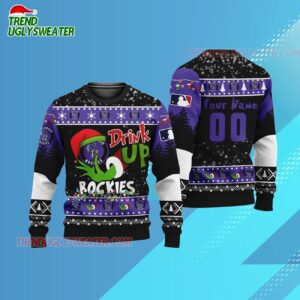 Custom Name And Number Colorado Rockies Grinch Drink Up Christmas Ugly Sweater 3