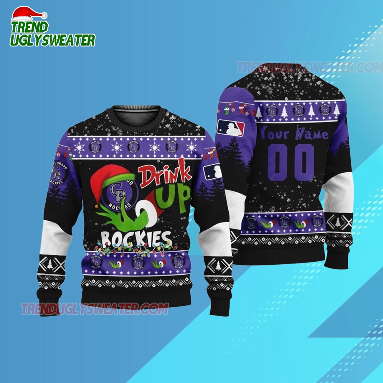 Custom Name And Number Colorado Rockies Grinch Drink Up Christmas Ugly Sweater Custom Name And Number Colorado Rockies Grinch Drink Up Christmas Ugly Sweater