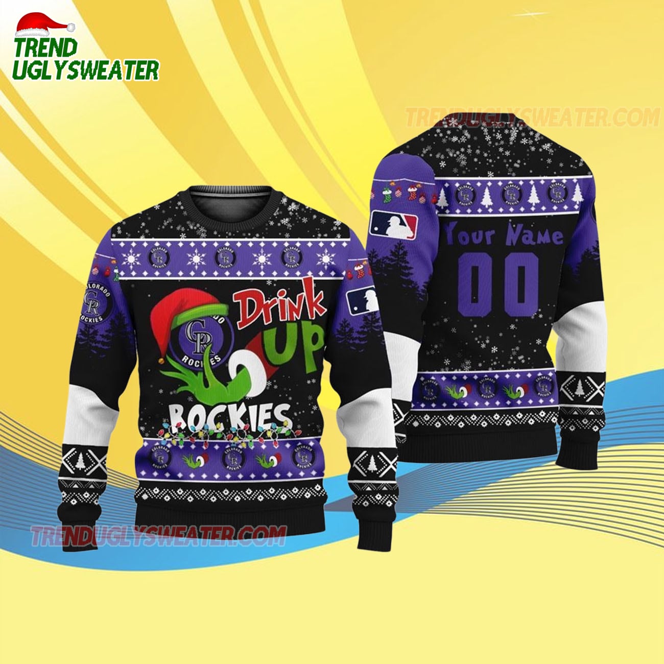 Custom Name And Number Colorado Rockies Grinch Drink Up Christmas Ugly Sweater Custom Name And Number Colorado Rockies Grinch Drink Up Christmas Ugly Sweater