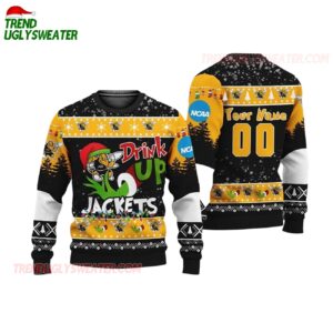 Custom Name And Number Georgia Tech Yellow Jackets Grinch Drink Up Ugly Christmas Sweater 1