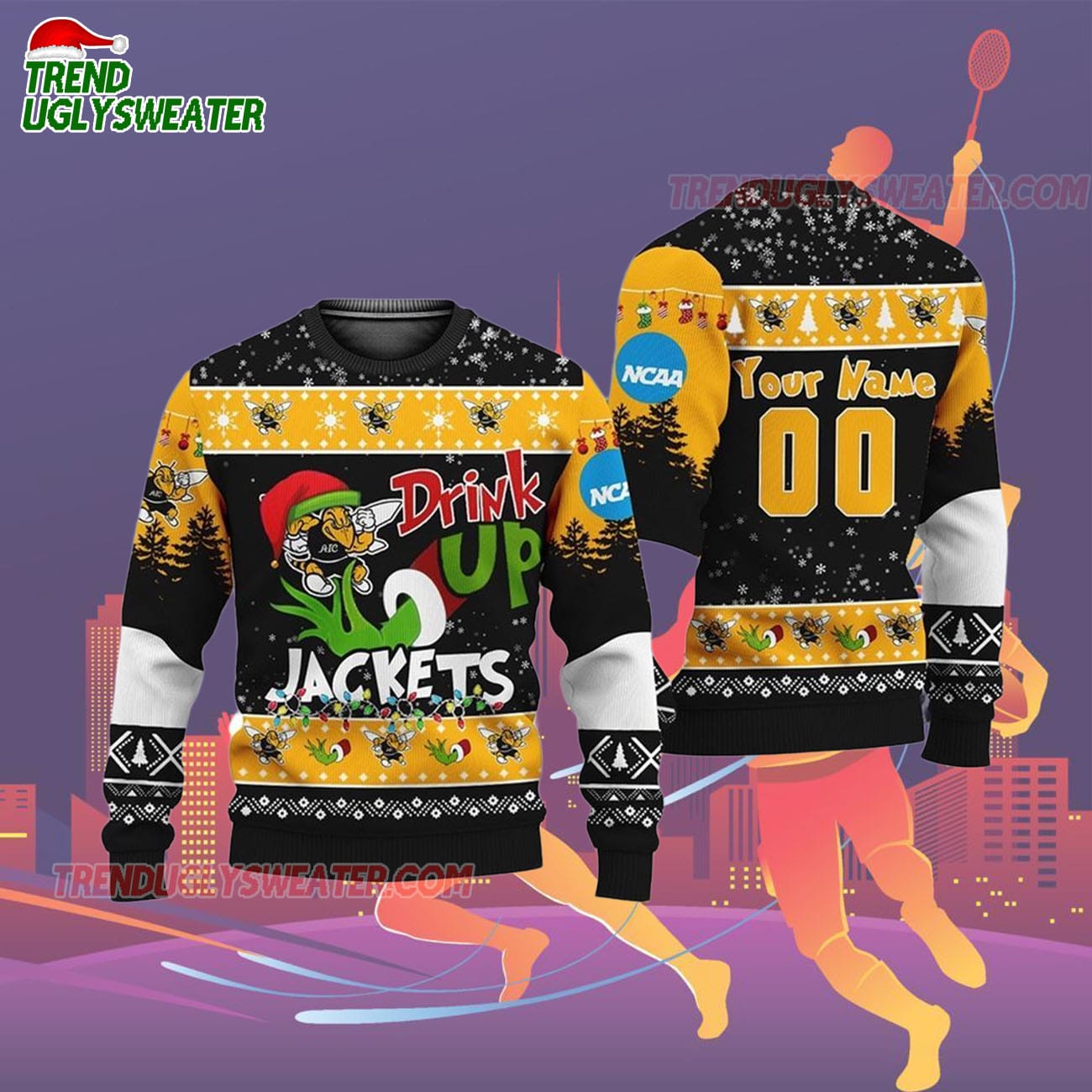 Custom Name And Number Georgia Tech Yellow Jackets Grinch Drink Up Ugly Christmas Sweater Custom Name And Number Georgia Tech Yellow Jackets Grinch Drink Up Ugly Christmas Sweater