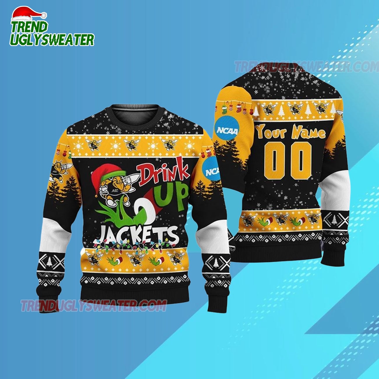 Custom Name And Number Georgia Tech Yellow Jackets Grinch Drink Up Ugly Christmas Sweater Custom Name And Number Georgia Tech Yellow Jackets Grinch Drink Up Ugly Christmas Sweater