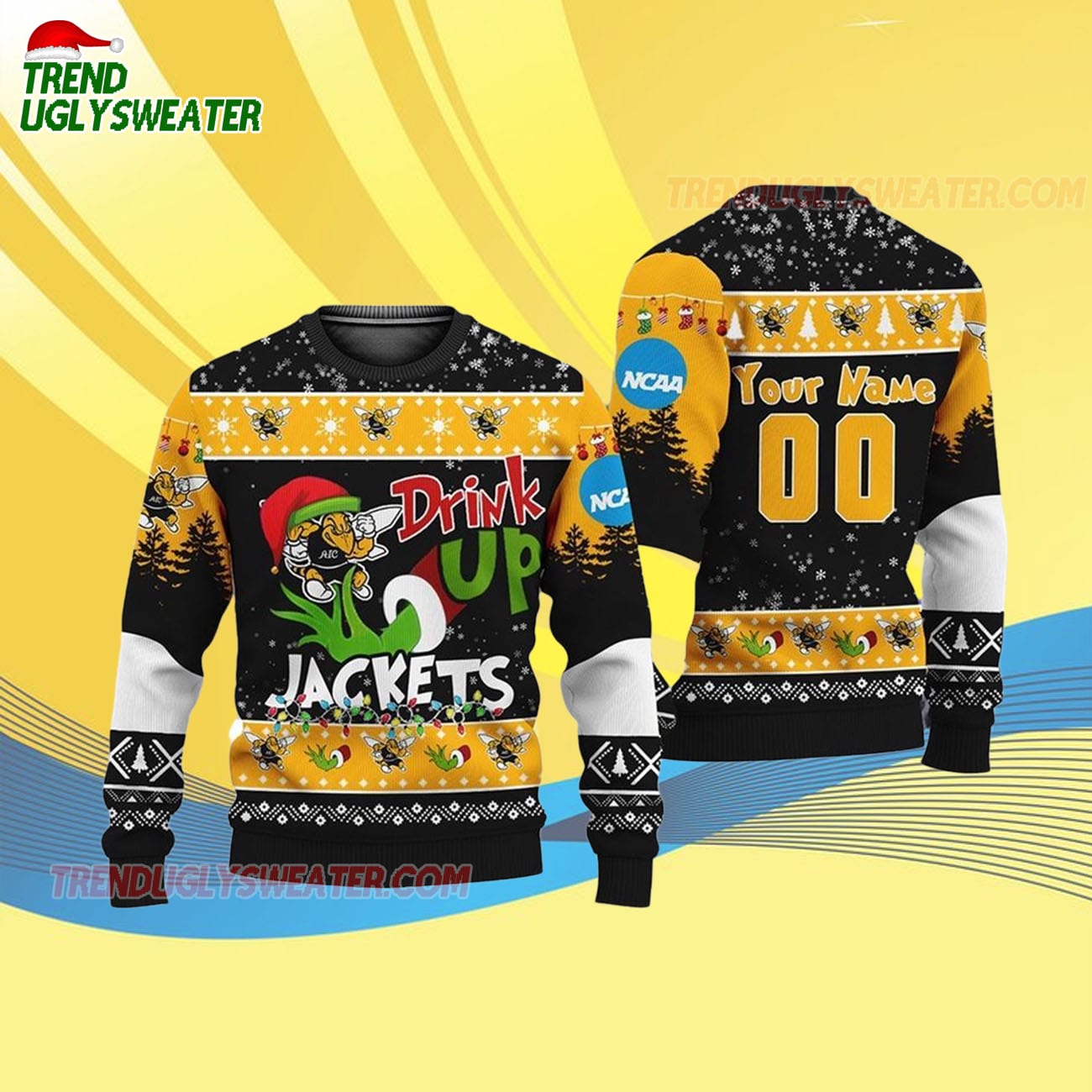 Custom Name And Number Georgia Tech Yellow Jackets Grinch Drink Up Ugly Christmas Sweater Custom Name And Number Georgia Tech Yellow Jackets Grinch Drink Up Ugly Christmas Sweater