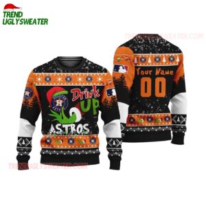 Custom Name And Number Houston Astros Grinch Drink Up Christmas Ugly Sweater 1