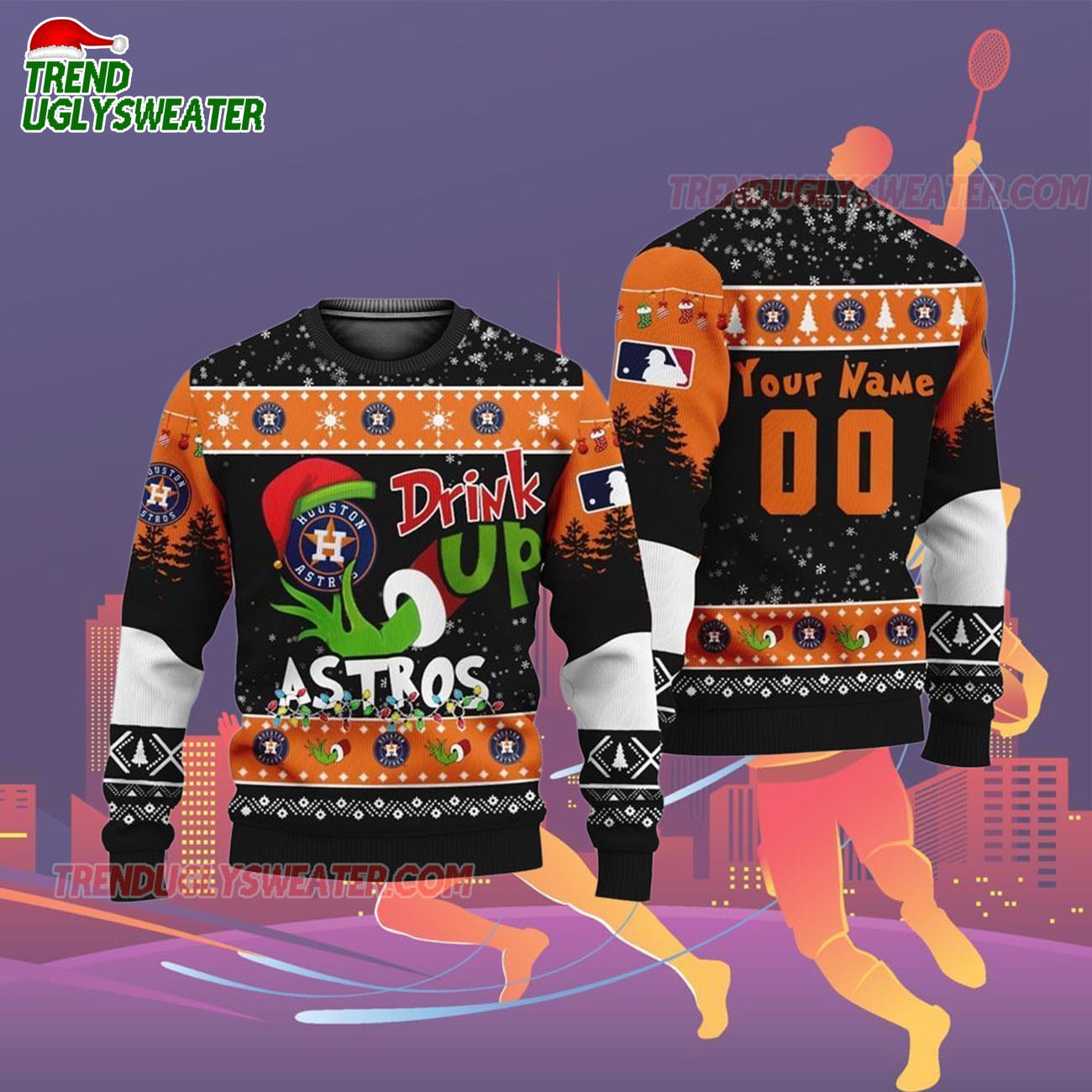 Custom Name And Number Houston Astros Grinch Drink Up Christmas Ugly Sweater Custom Name And Number Houston Astros Grinch Drink Up Christmas Ugly Sweater