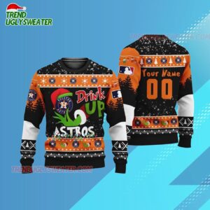 Custom Name And Number Houston Astros Grinch Drink Up Christmas Ugly Sweater 3